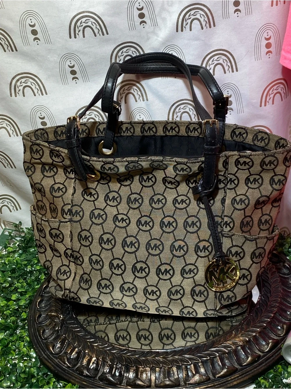 Michael Kors Beige and Black MK Logo Tote